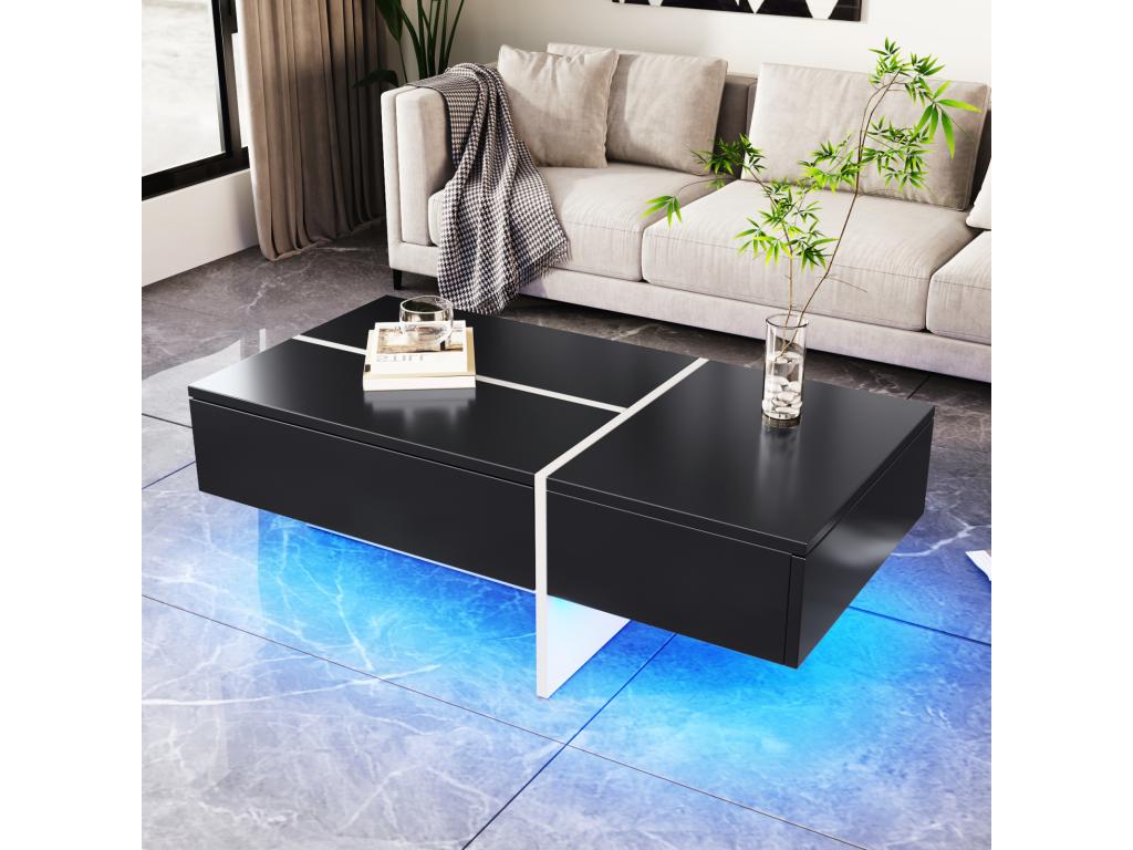 Glossy coffee table with a white marble-effect frame and matching black tabletop with LED lighting - HAUSS SPOLE APPB91762