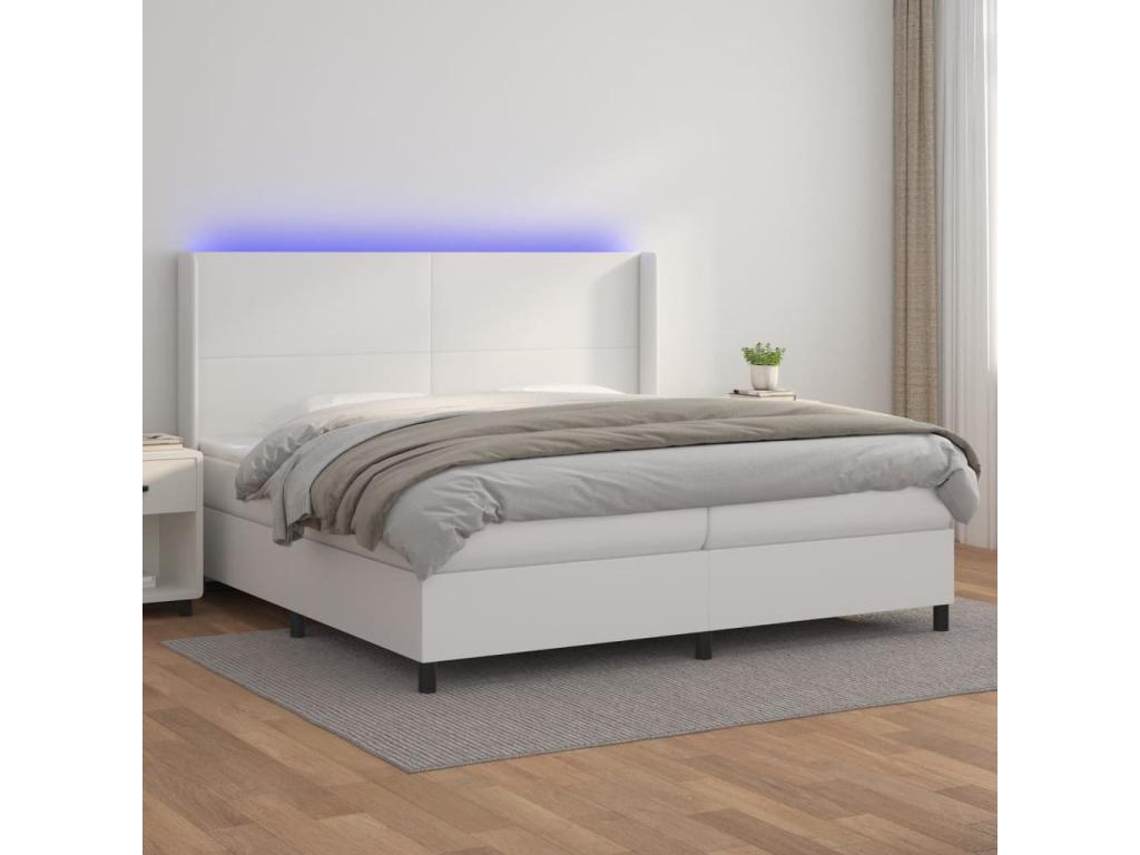 Upholstered bed base, mattress, and LED lighting, White, 200x200 cm, Faux Leather, KETX63630