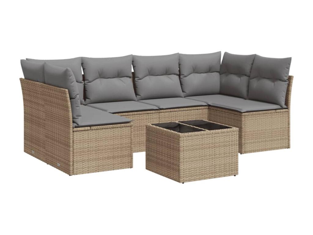 7-piece garden furniture set with cushions, beige woven resin MFAR74591