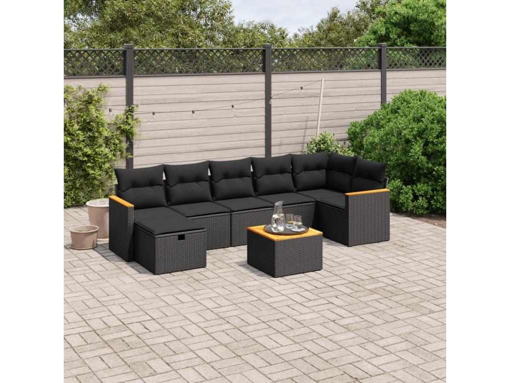 8-piece garden furniture set with cushions, black woven resin VSIC07385