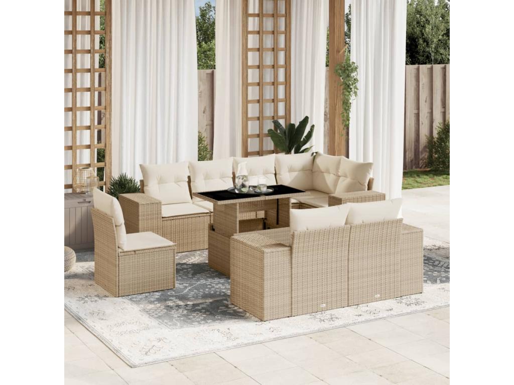9-piece beige resin wicker garden furniture set with cushions MVVJ22131