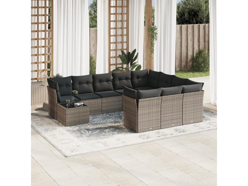 11-piece garden furniture set with grey resin wicker cushions UYAD21637