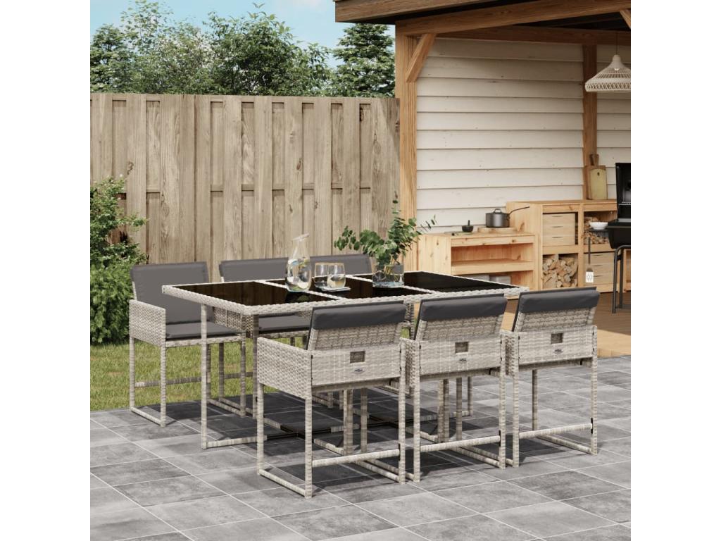 7-piece garden dining set and cushions, light grey rattan UVXW82815