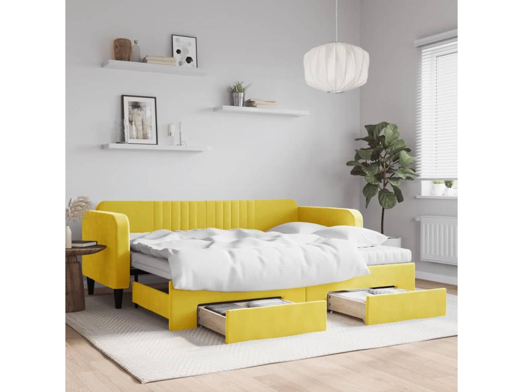 Daybed with pull-out bed and drawers, yellow, 90x200 cm, velvet, CDHR99784