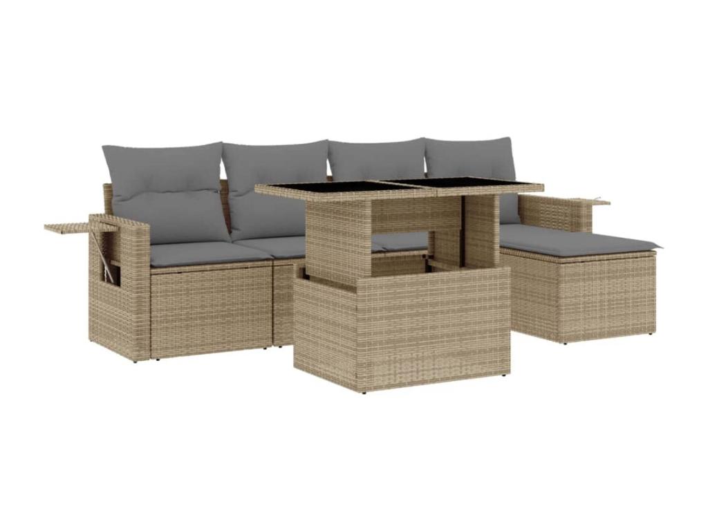 6-piece beige resin wicker garden furniture set with cushions TPMR47229