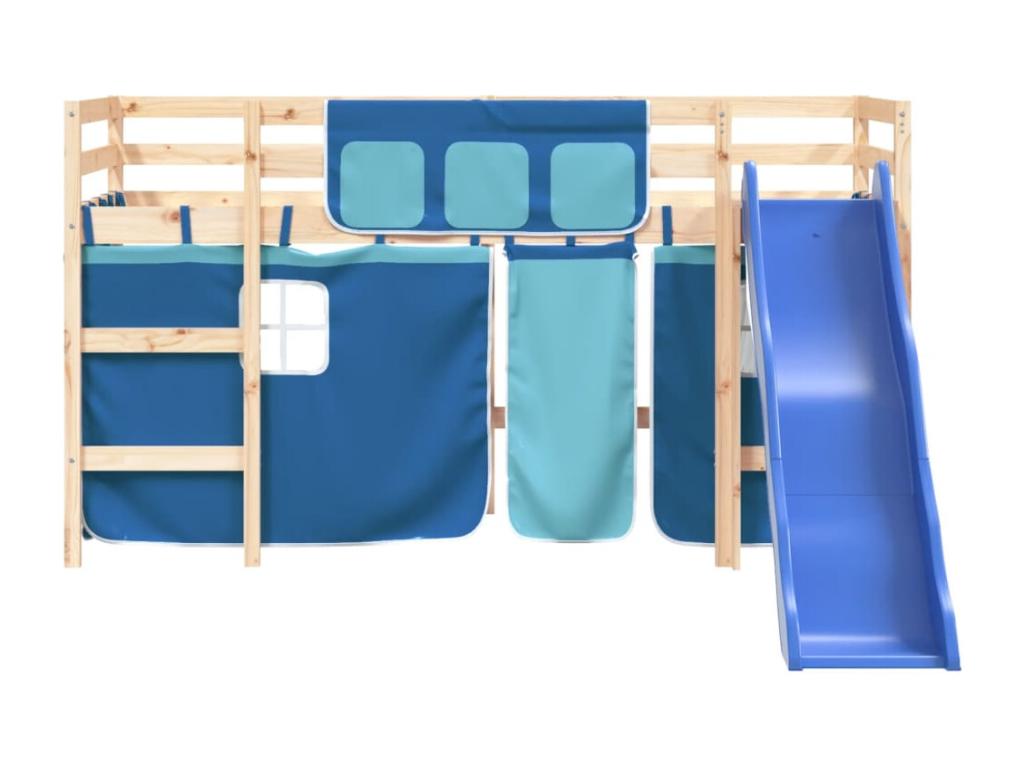 Children's loft bed and blue curtains 80x200cm solid pine wood ZMCG65171
