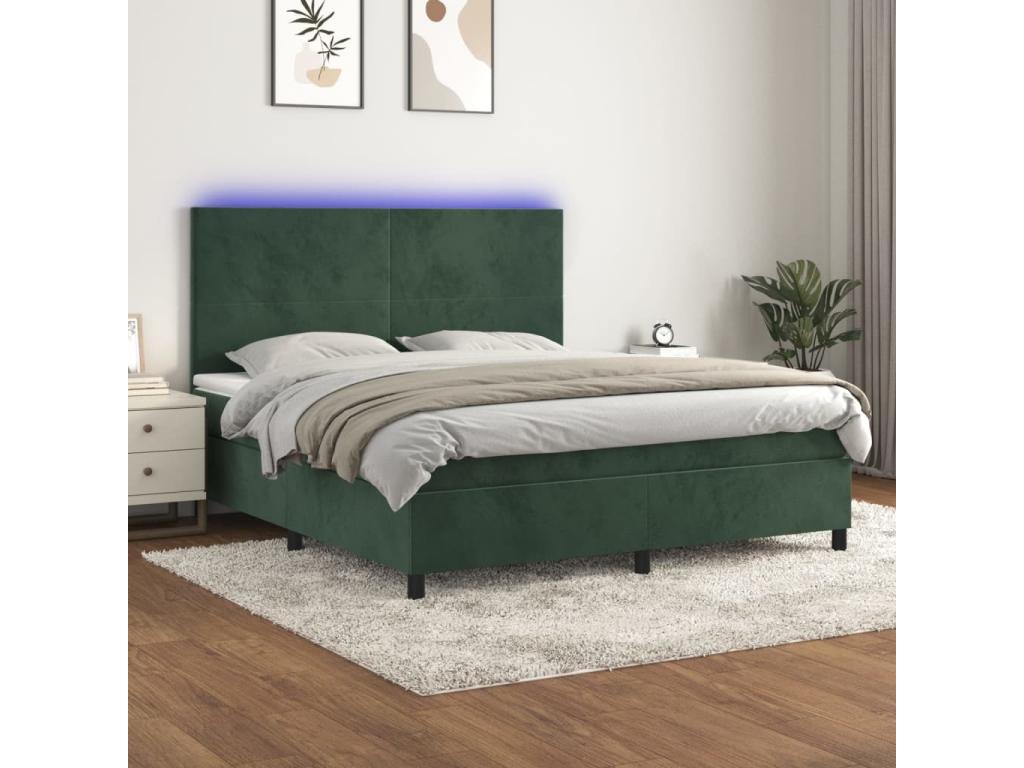 Upholstered bed base with mattress and LED light, Dark Green, 180x200 cm, Velvet, MWCE26394