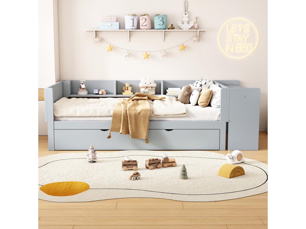 Trundle bed 90x200cm 90x180cm with small desk and three shelves on the side of the bed, grey CWHS82611