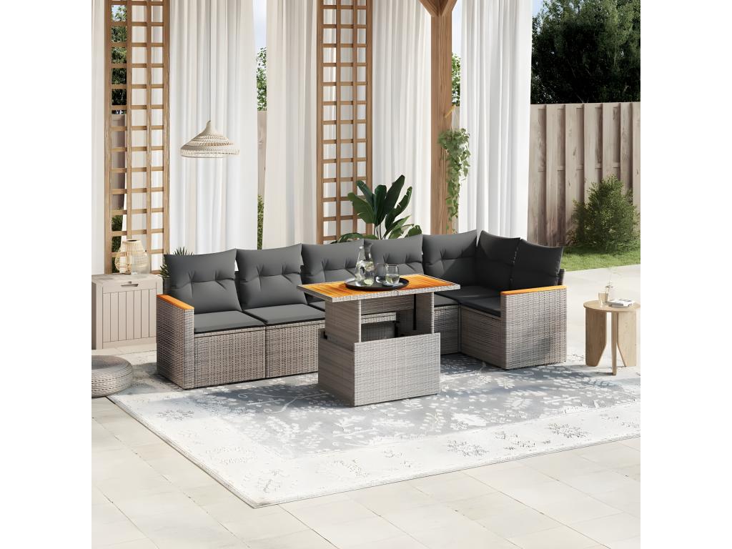 7-piece garden furniture set with cushions, grey woven resin VDOY95577