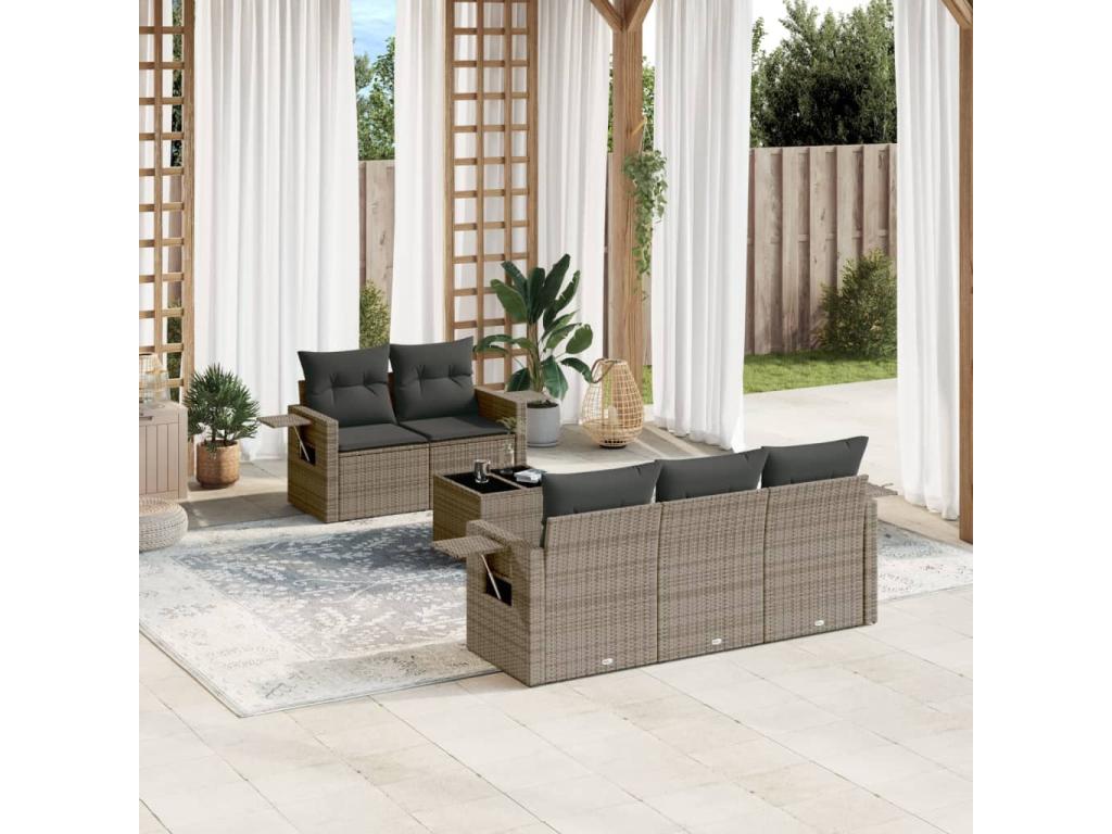 6-piece garden furniture set with grey resin wicker cushions PXXB56274