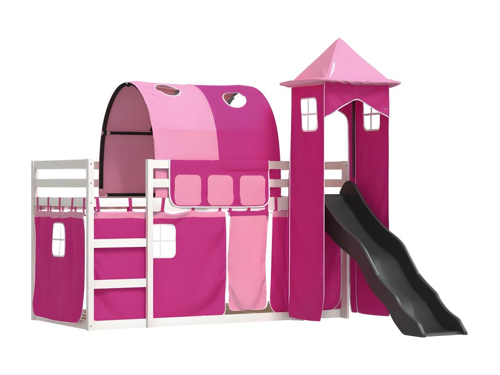 Bunk bed with slide and pink curtains 90x190 cm LQJU81532