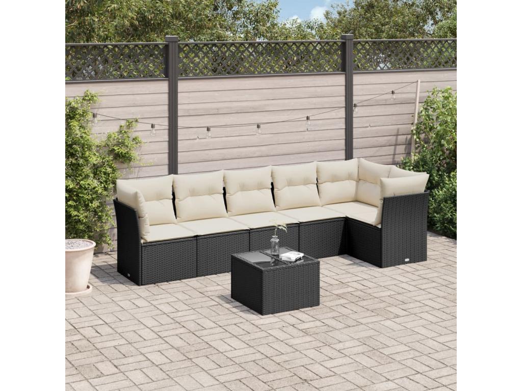 7-piece garden furniture set with cushions, black wicker resin EQEX15574