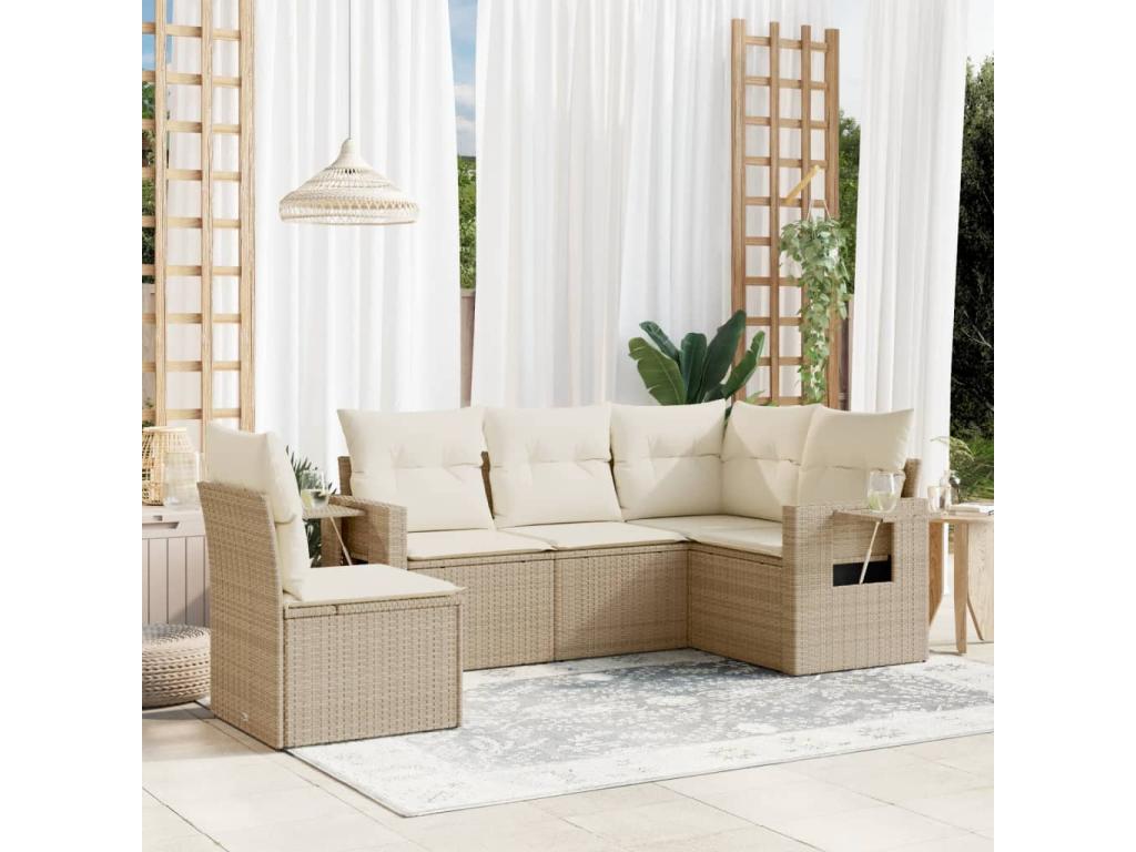 5-piece garden furniture set with cushions, beige woven resin XDUQ66904