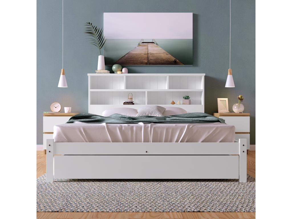 Adult bed 140x200cm - with drawers and bookcase - white, mattress not included - Dekonao YZHK91625