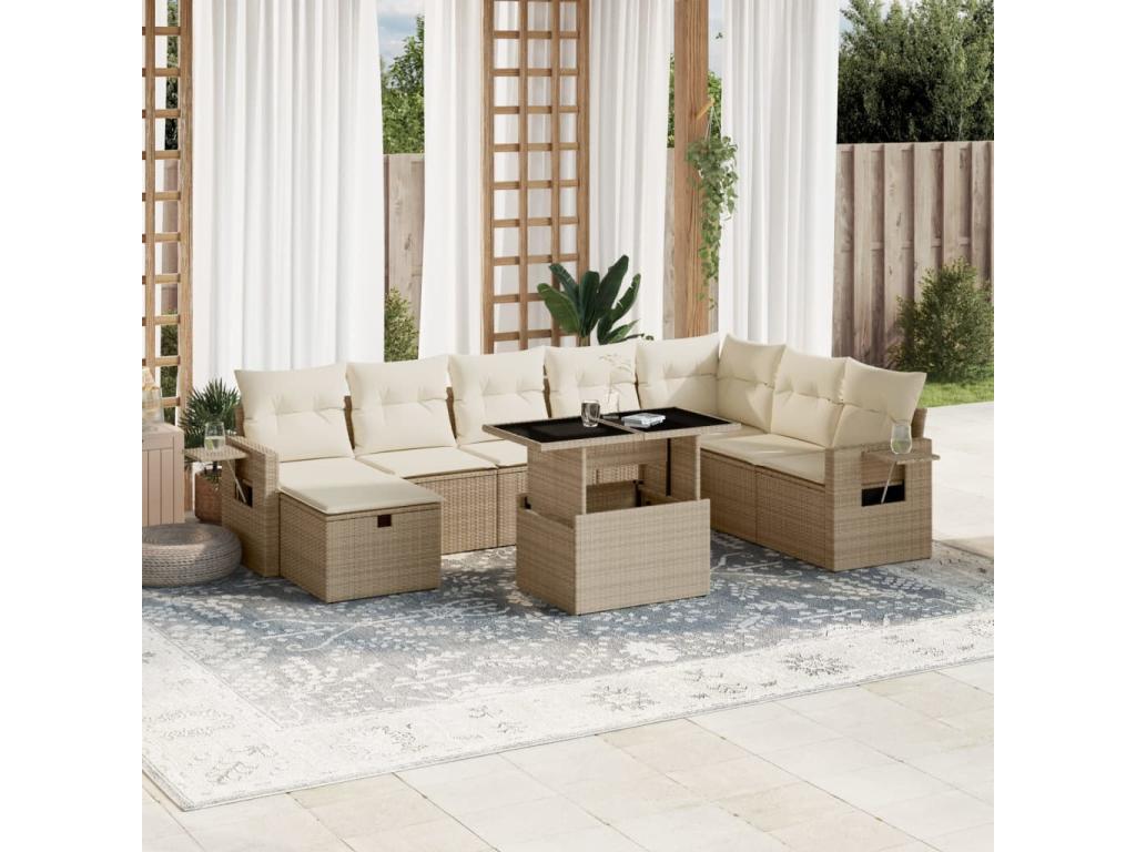 9-piece beige resin wicker garden furniture set with cushions TMIO93023