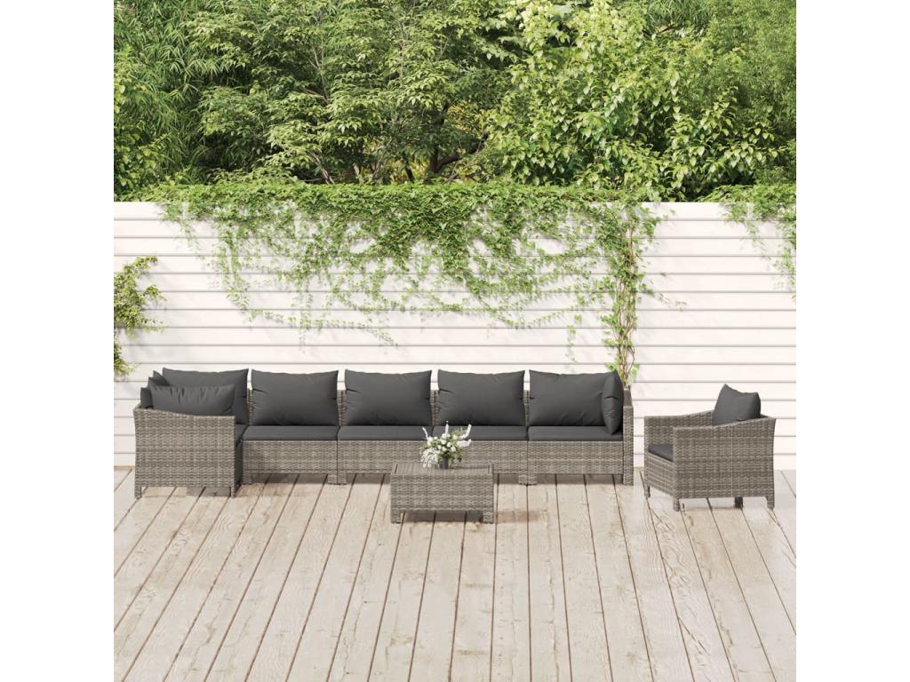 8-piece garden furniture set with cushions, grey woven resin FJER33247