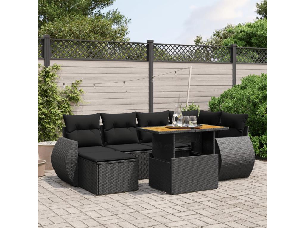 7-piece garden furniture set with cushions, black woven resin IMOJ69136