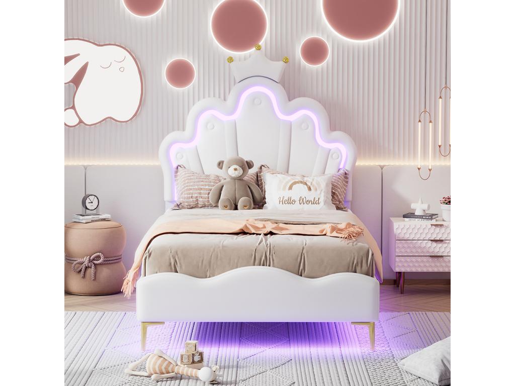 Children's bed, 90x200 cm, princess-shaped crown bed with adjustable LED lighting, white, UTNQ95011
