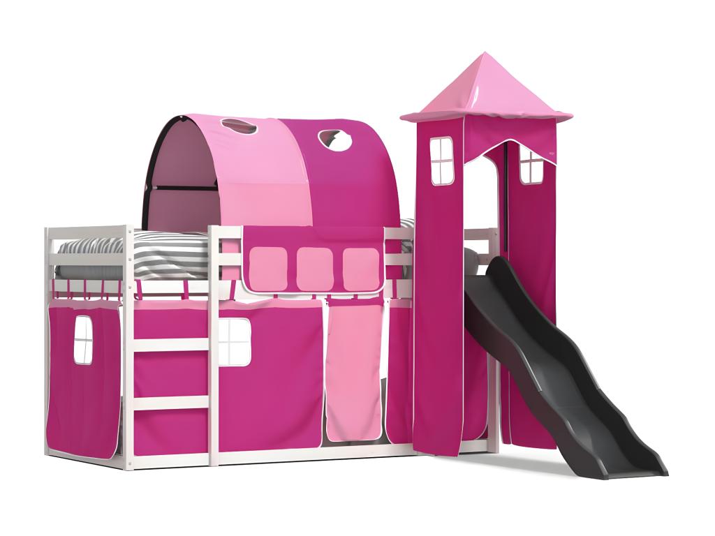 Bunk bed with slide and pink curtains 90x190 cm LQJU81532