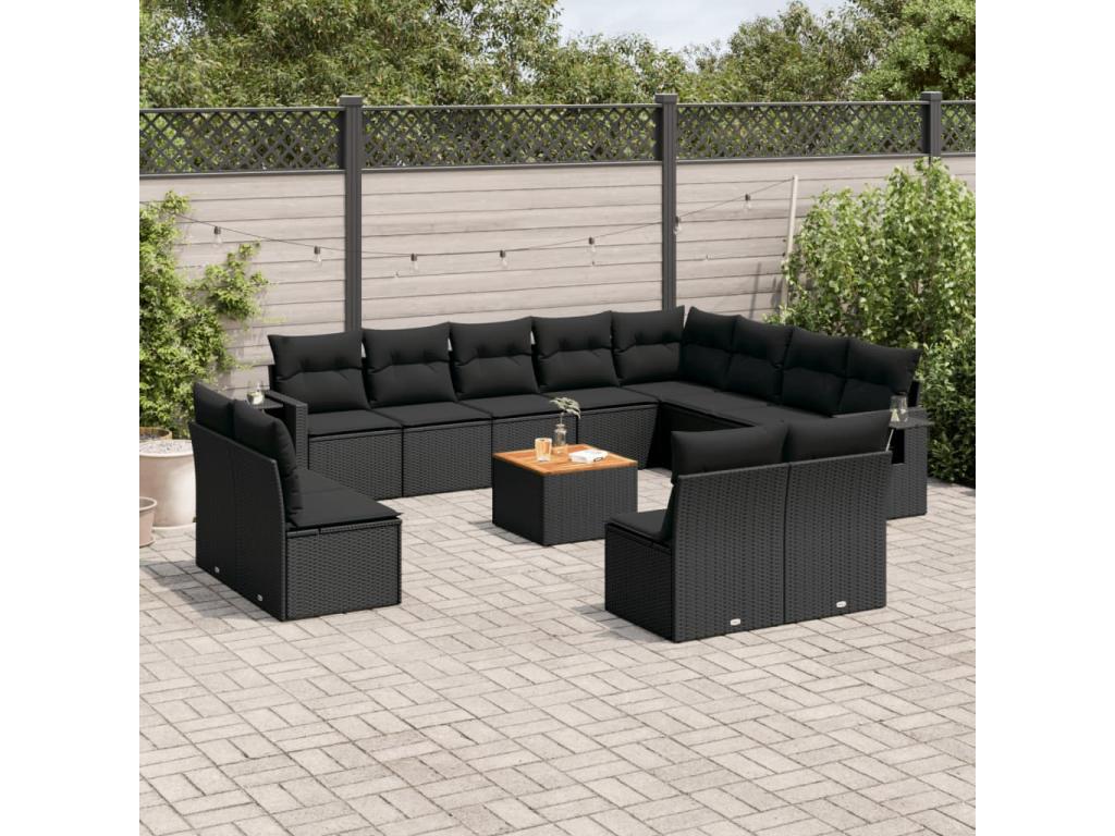Garden furniture set with cushions, 13 pieces, black woven resin, ENAP70200