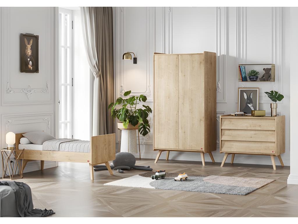 Complete bedroom set: convertible cot - 3-drawer chest - 2-door wardrobe, Vintage Wood JVIV45754