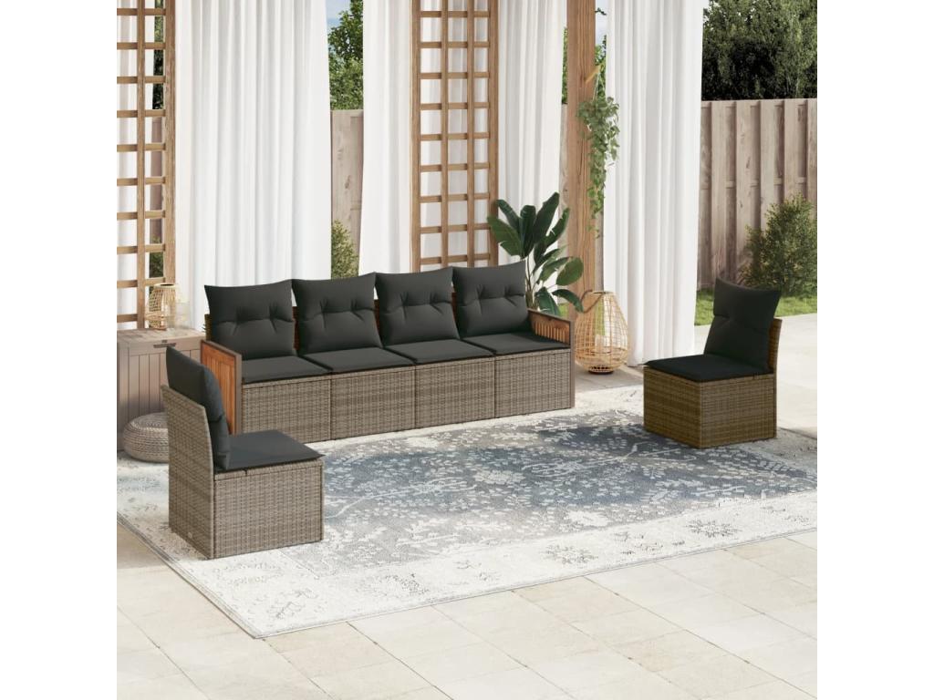 6-piece garden furniture set with grey resin wicker cushions ELWC17575