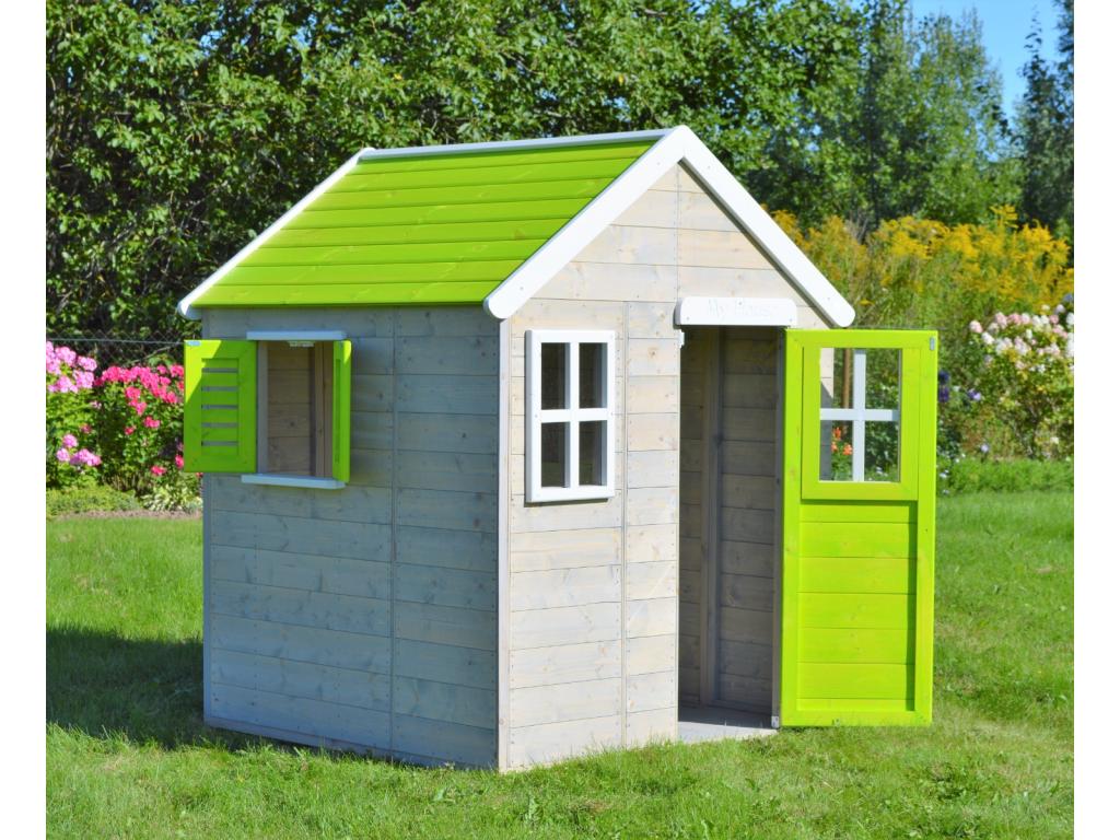 Dekonao - Outdoor Children's Playhouse - Wooden Playhouse with Floor - Waterproof Roof - Green and White DUNV89675