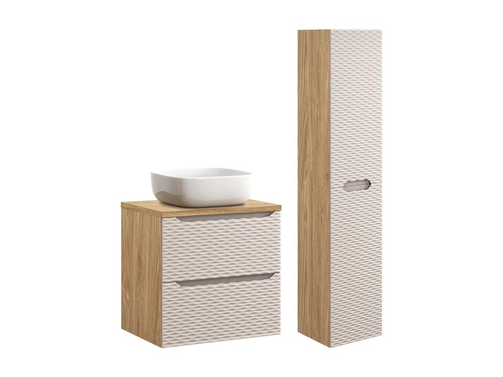 Ligniva Beige and Wood 60cm Single Sink Vanity Unit and Tall Cabinet XVYK78579