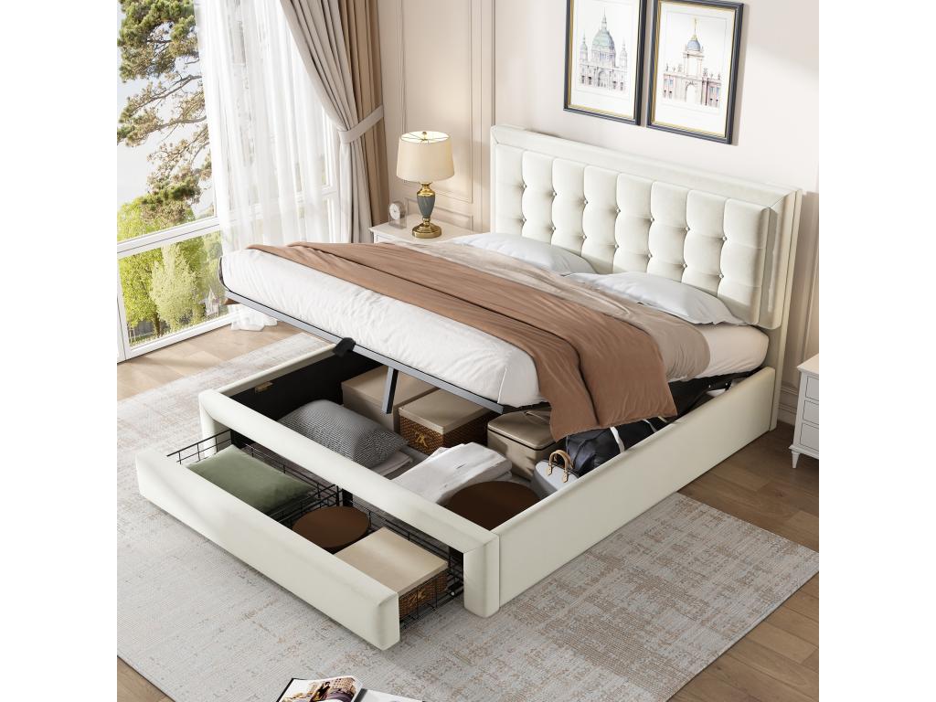 Upholstered storage bed 140x190cm in velvet - with drawer and slatted base by Ligniva - Beige without mattress YOZD90877