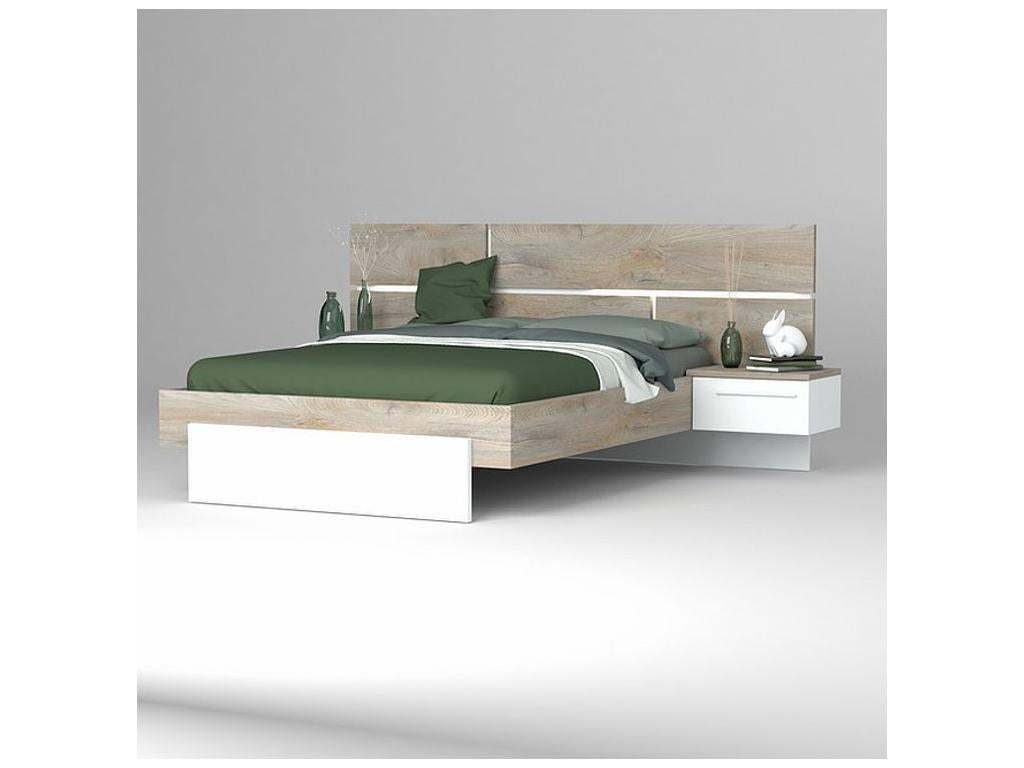 Dekonao white lacquered and grey wood bed with graphic effect headboard lighting, 180x200 cm, ZLCO52897
