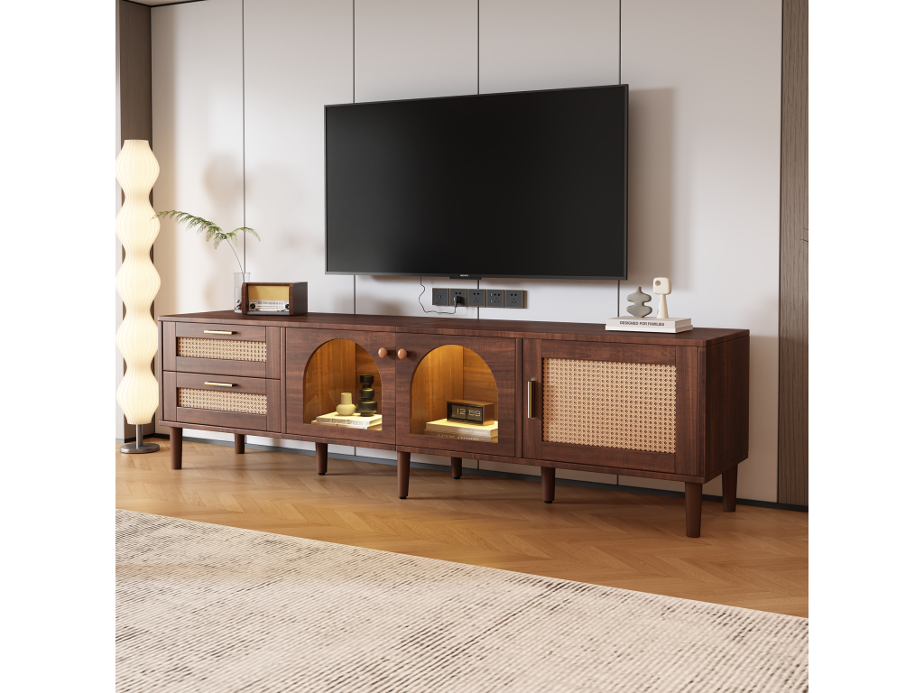 180cm TV stand for 80" TV with 2 rattan drawers, 2 curved glass doors and 1 rattan door, brown LED lighting TMER17141