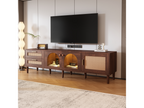 180cm TV stand for 80" TV with 2 rattan drawers, 2 curved glass doors and 1 rattan door, brown LED lighting TMER17141