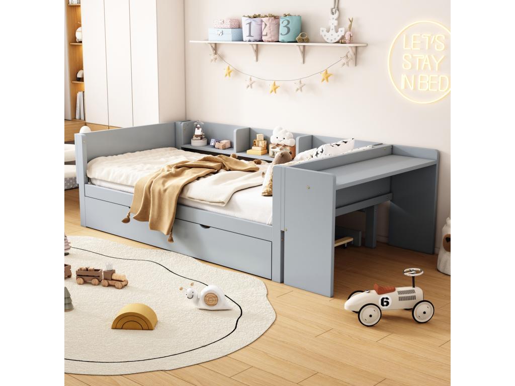 Trundle bed 90x200cm 90x180cm with small desk and three shelves on the side of the bed, grey CWHS82611