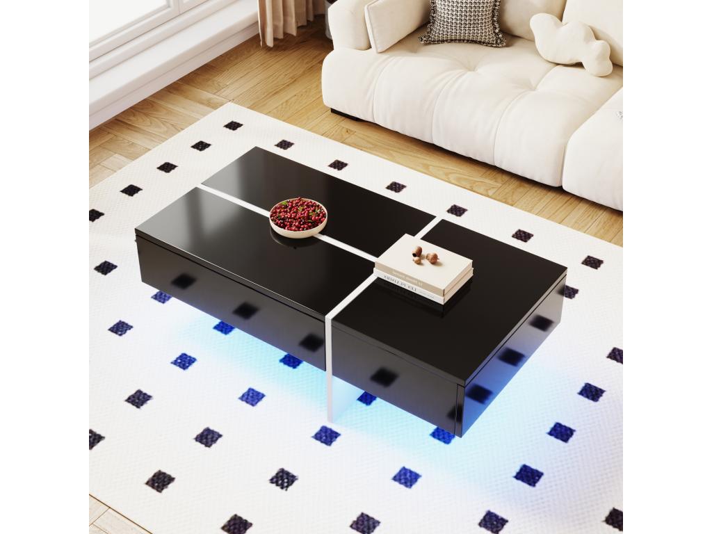 Glossy coffee table with a white marble-effect frame and matching black tabletop with LED lighting - HAUSS SPOLE APPB91762