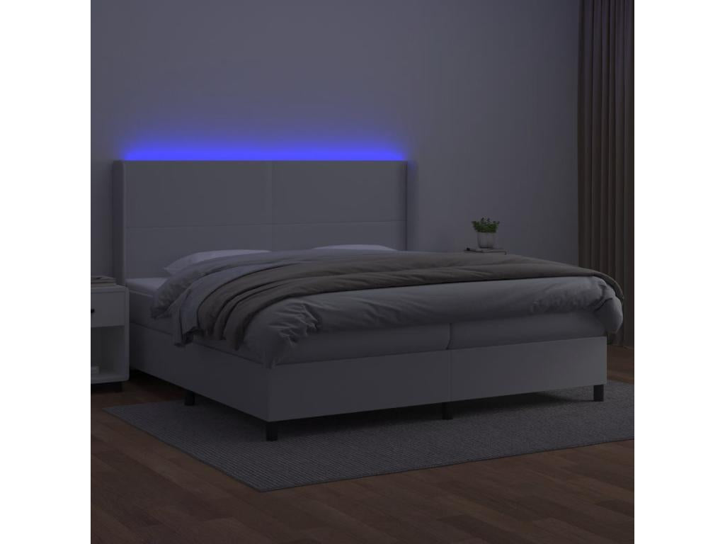 Upholstered bed base, mattress, and LED lighting, White, 200x200 cm, Faux Leather, KETX63630