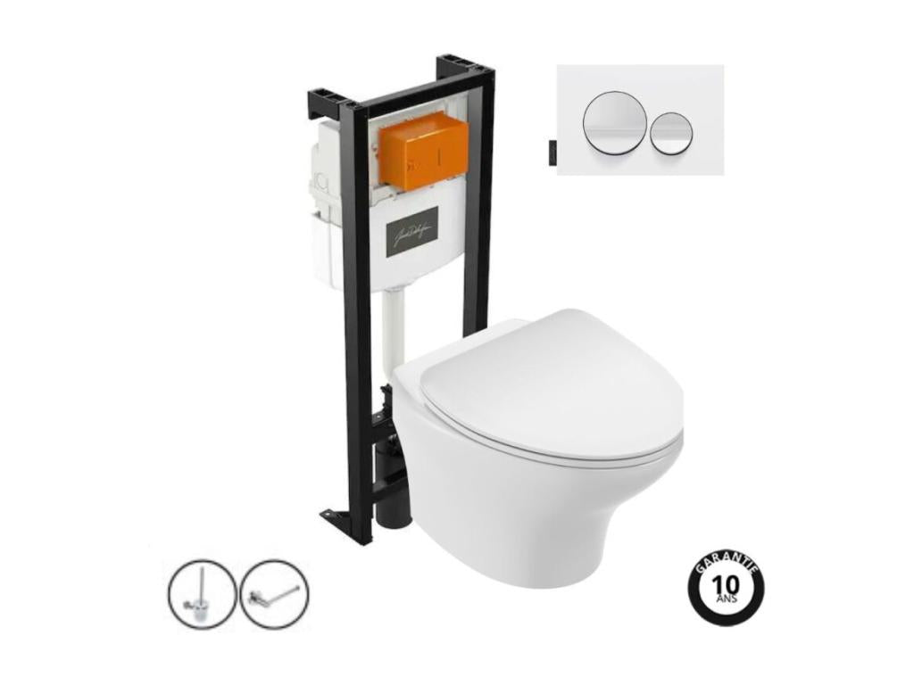 Nobellea New Wave Rimless Wall-Hung Toilet Pack with Concealed Frame, Gloss White/Matte White, Accessories ZQKH98820
