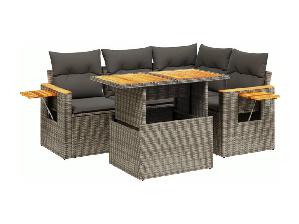 5-piece garden furniture set with grey resin wicker cushions OEPK09704