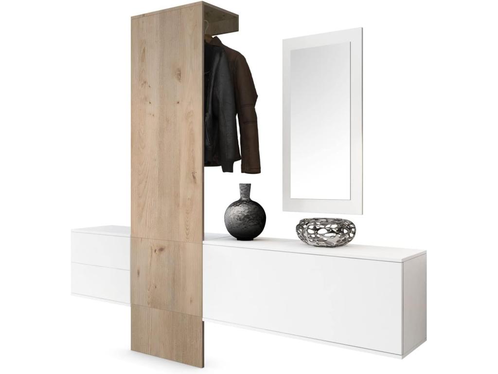 White matte locker and coat rack with Nordic oak effect, HxWxD 193x209x35 ISAF37105