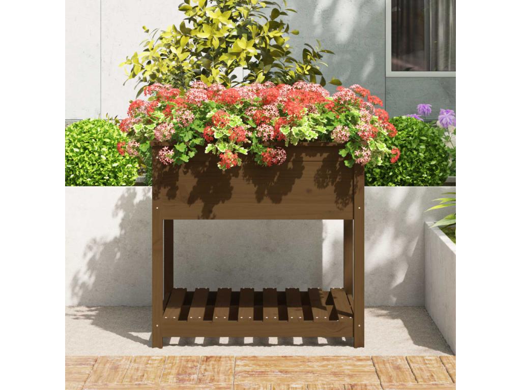Planter with shelf, Honey brown, 82.5x82.5x81 cm, Pine wood, XGWF22476