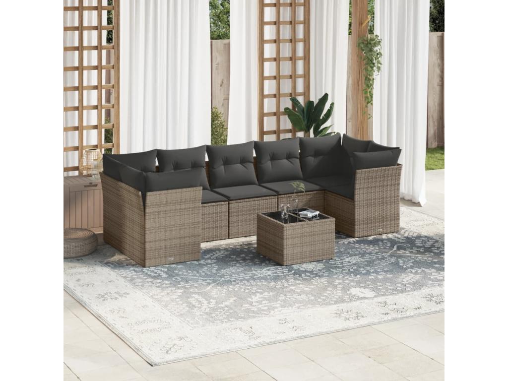 8-piece garden furniture set with grey resin wicker cushions BFRU28465