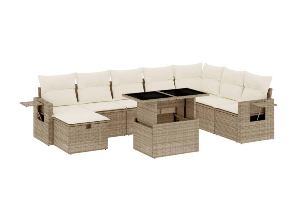 9-piece beige resin wicker garden furniture set with cushions TMIO93023