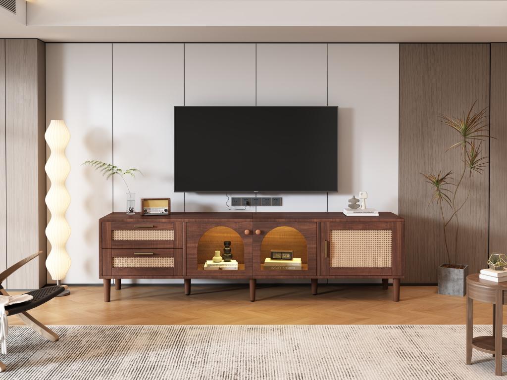 180cm TV stand for 80" TV with 2 rattan drawers, 2 curved glass doors and 1 rattan door, brown LED lighting TMER17141