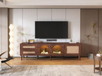 180cm TV stand for 80" TV with 2 rattan drawers, 2 curved glass doors and 1 rattan door, brown LED lighting TMER17141