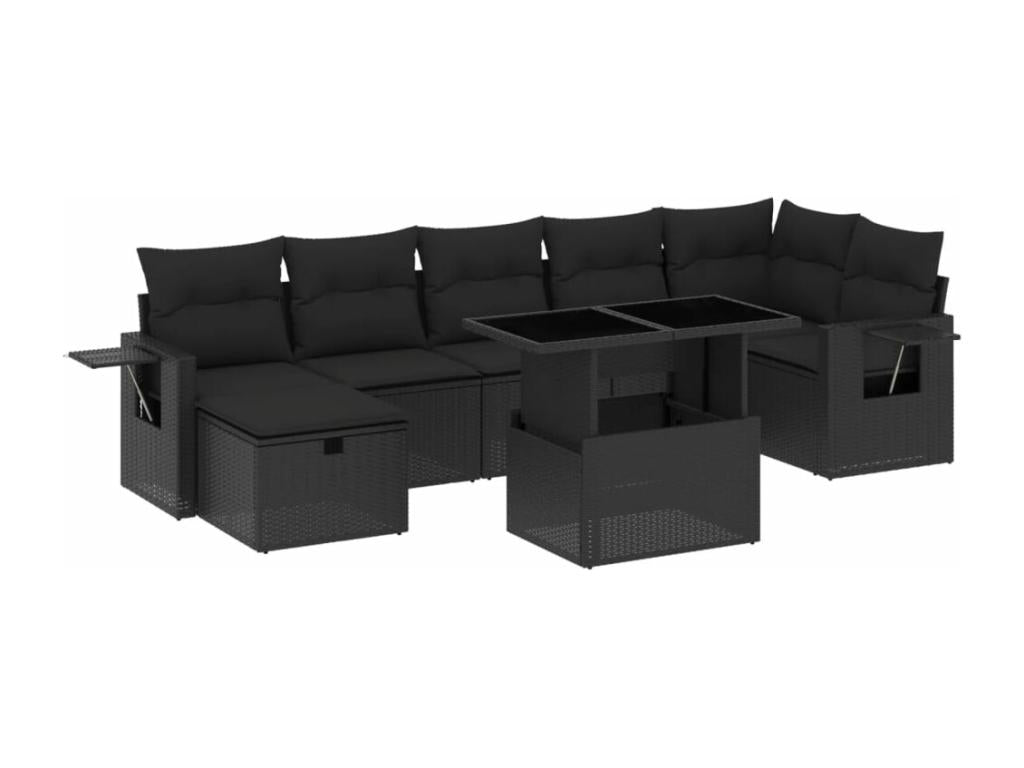 8-piece garden furniture set with cushions, black woven resin LQSH71980