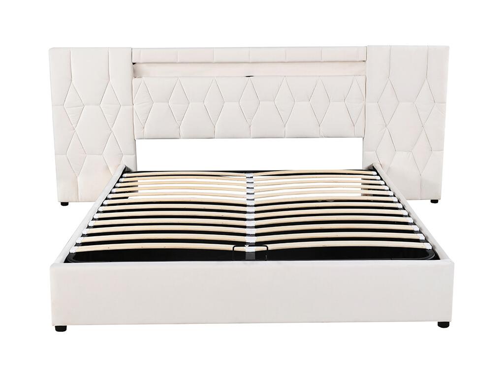 Storage bed, adult bed 160x200 cm with high backrest, LED lighting and USB connector, Beige PFSP07543