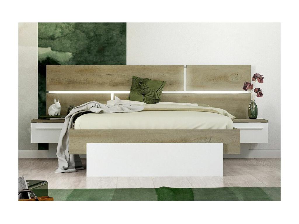 Dekonao white lacquered and grey wood bed with graphic effect headboard lighting, 180x200 cm, ZLCO52897