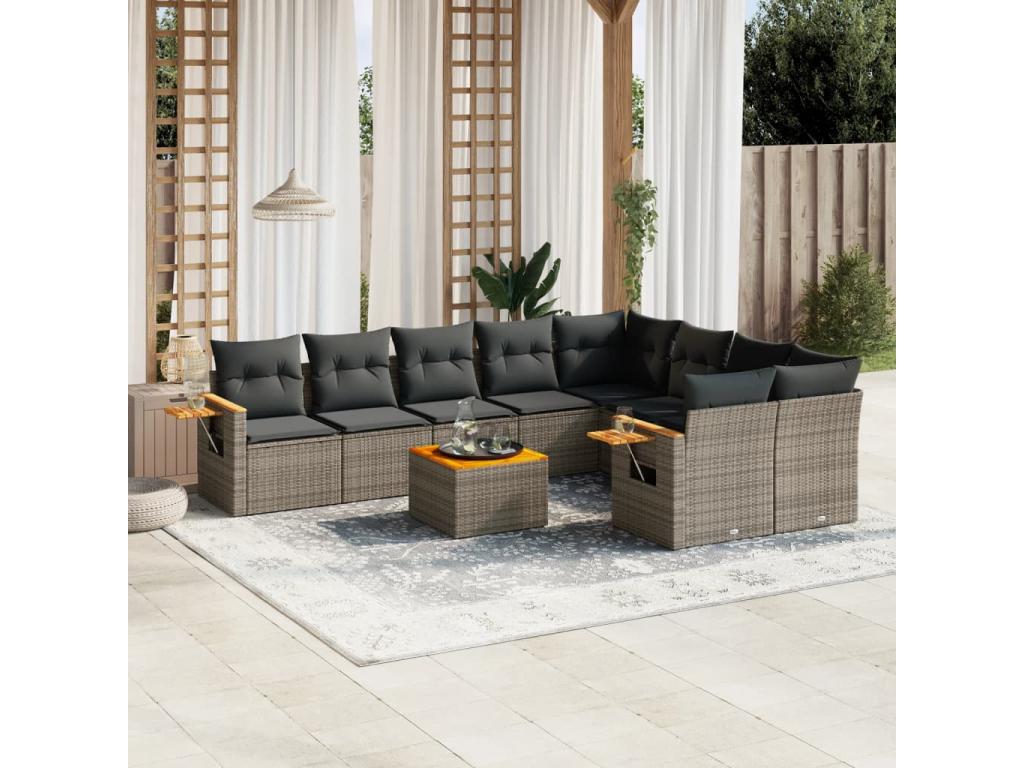10-piece garden furniture set with cushions, grey woven resin GKUV54402