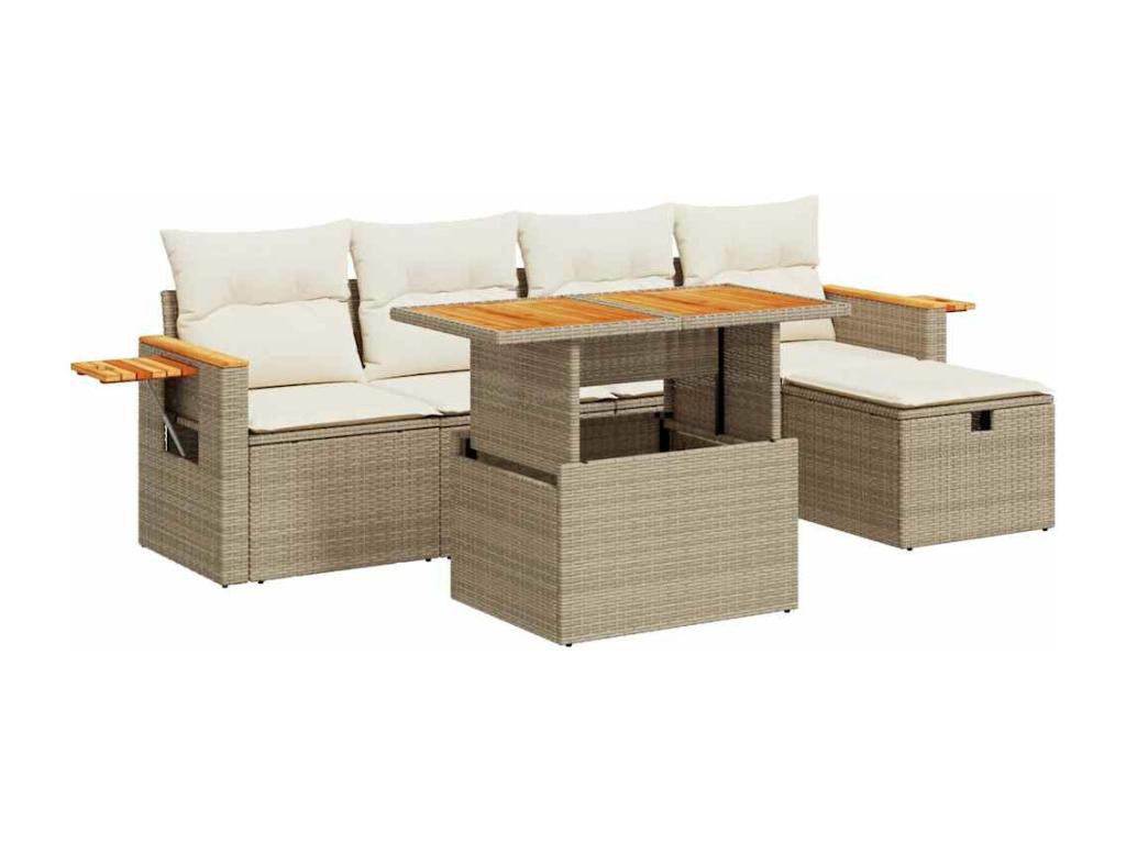 Garden furniture set with cushions, 6 pieces, beige woven resin PDPE57675