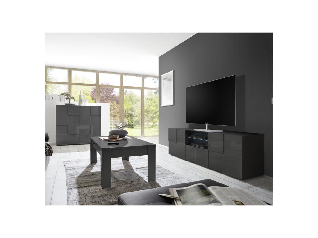 TV stand with 2 doors and 1 drawer, glossy grey lacquered LEDs - Dekonao TXQP01090