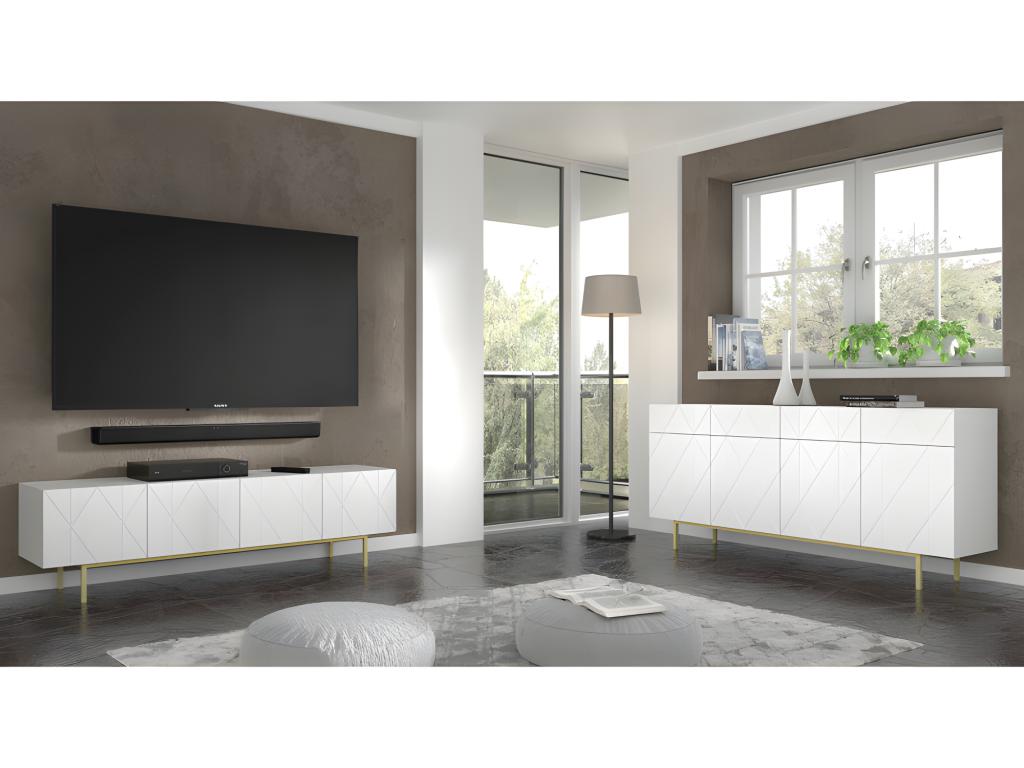 TV stand 180x42x51 cm, luxurious hi-fi unit on gold legs, KAYRA glossy white finish, UFRU18747